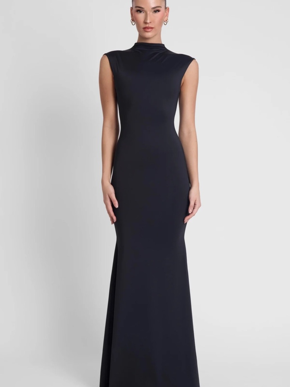 Sleek Black Sleeveless Mock-Neck Maxi Dress